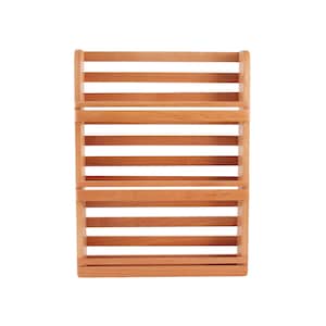 May include: A three-tiered, wooden spice rack with a natural finish. The rack features horizontal slats for each shelf, providing a simple and functional design. The wood grain is visible, adding to its rustic charm. Perfect for kitchen organization.