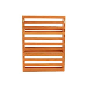 May include: A rectangular wooden wall-mounted shelf with horizontal slats. The shelf is made of light brown wood and has two metal hanging brackets at the top. The design is simple and functional, suitable for displaying items or organizing spaces.