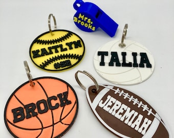 Sports Personalized Bag Tag, Keychain, Zipper Pull, 3D Printed, Baseball, Basketball, Football, Soccer, Volleyball, Softball