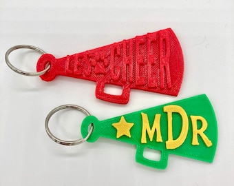 Cheerleader Megaphone Name Keychain, Bag Zipper Pull, 3D printed & personalized, cheerleading teammate gift