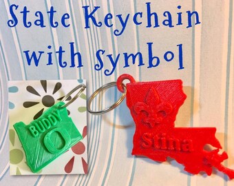 State Outline Keychain, zipper pull with custom name and symbol 3D Printed & Personalized