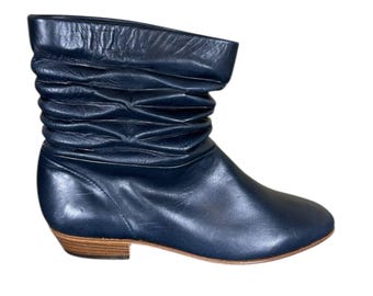 Mary Popps VTG Blue Leather Slouch Boots Booties Sz 36 / 5.5 Made In Italy