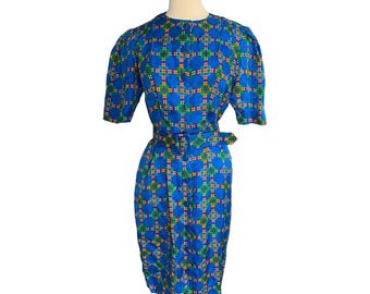 K32 VTG Adrianna Papell Silk Belted Sheath Dress Geometric Print Sz 8