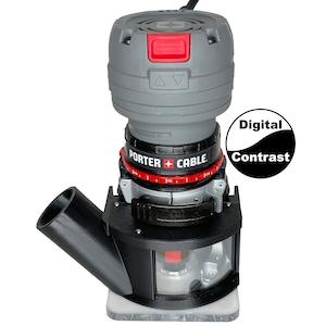 May include: A gray and black Porter-Cable router with a red accent button. The router has a black base with a clear plastic shield and a black angled dust collection port. The text "Digital Contrast" is in a black and white circle.