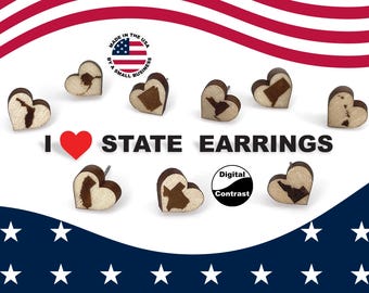 Heart State Earrings, laser cut and engraved wood