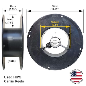 May include: A black plastic Carris reel shown from side and front views with technical dimension labels. The side view shows a 3.93 inch width and 2.75 inch flange height. The front view shows an 11.81 inch diameter, 6.1 inch inner diameter, and 1.96 inch center hole.