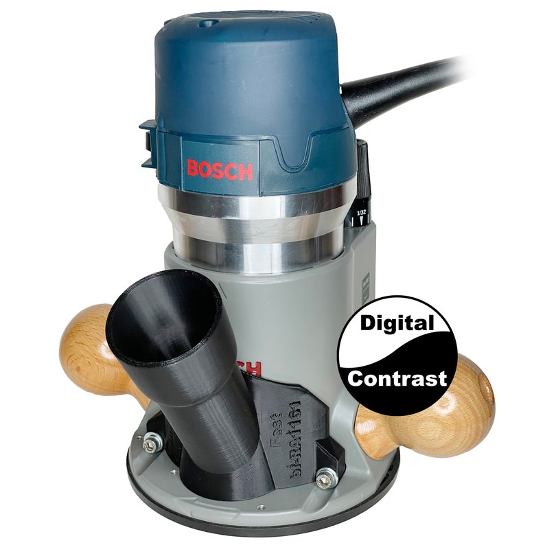 May include: A gray and blue Bosch router with a black dust collection hose and a black dust collection attachment. The router has a black and white label that says "Digital Contrast".