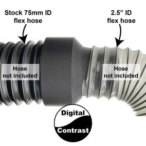 May include: A close-up of two flex hoses connected by a black adapter. The left hose is labeled "Stock 75mm ID flex hose" and the right hose is labeled "2.5" ID flex hose." The text "Hose not included" appears on both hoses. The Digital Contrast logo is at the bottom.