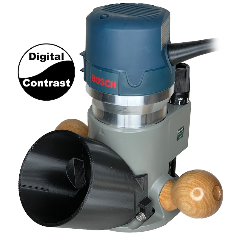 May include: A blue and gray Bosch router with a black dust collection shroud and wooden handles. The router is attached to a black plastic base with a clear plastic cover. The router has a speed control dial and a depth adjustment knob.