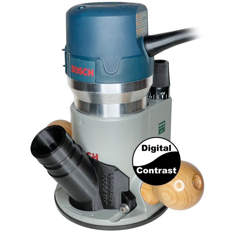 May include: A blue and gray Bosch router with a black dust collection port and two wooden handles. The router has a depth adjustment knob and a speed control dial. The text "Digital Contrast" is visible on the router.