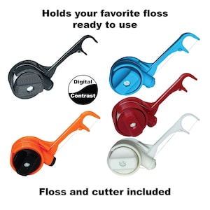 May include: Five dental floss dispensers in black, blue, red, orange, and white, each featuring a long handle with a floss pick head. The text reads: Holds your favorite floss ready to use, Digital Contrast, and Floss and cutter included.