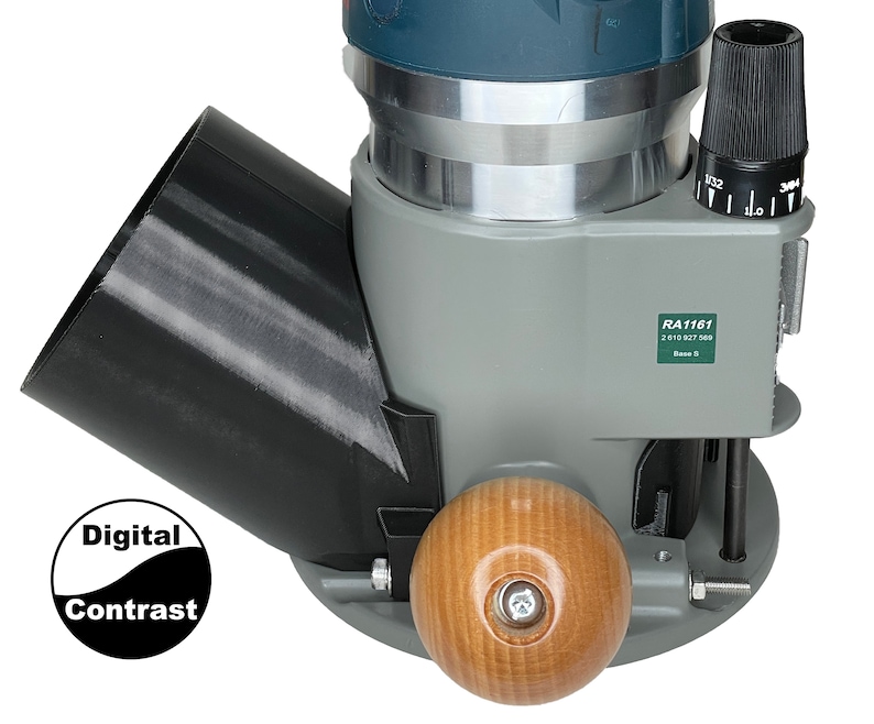 May include: A gray and black router base with a wooden knob and a black dust collection port. The router base has a label that reads "RA1161 2 610 927 569 Base 5".