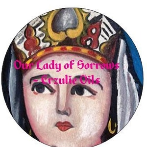 May include: A painting of Our Lady of Sorrows, a religious icon depicting a woman with a crown of thorns and a sorrowful expression. The painting is in a circular frame and has a blue background.