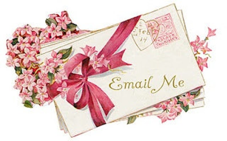 May include: A stack of vintage envelopes tied with a pink ribbon and decorated with pink flowers. The top envelope has a pink heart stamp and the text "Email Me".