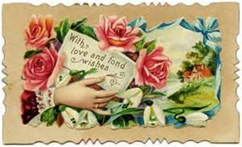 May include: Vintage greeting card with a hand holding a note that says "With love and fond wishes." The card is decorated with pink roses, white flowers, and a blue ribbon.