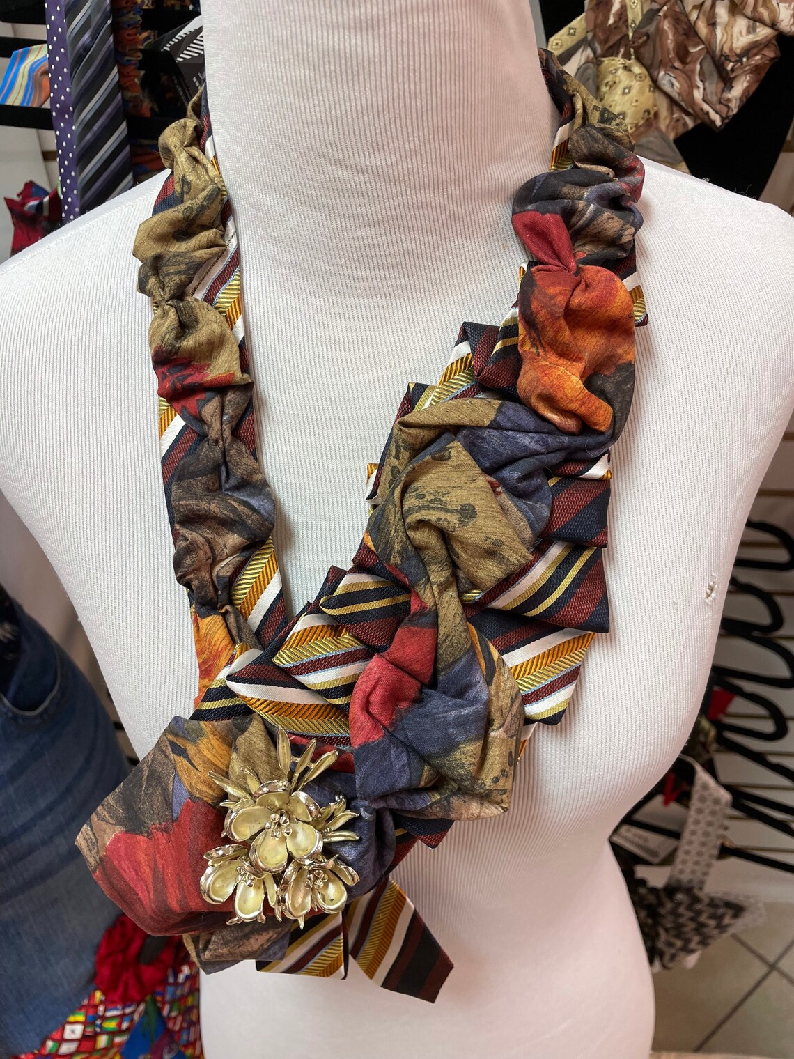 Womens Necktie Necklace Brown Gold Striped Silk Tie / Red Etsy