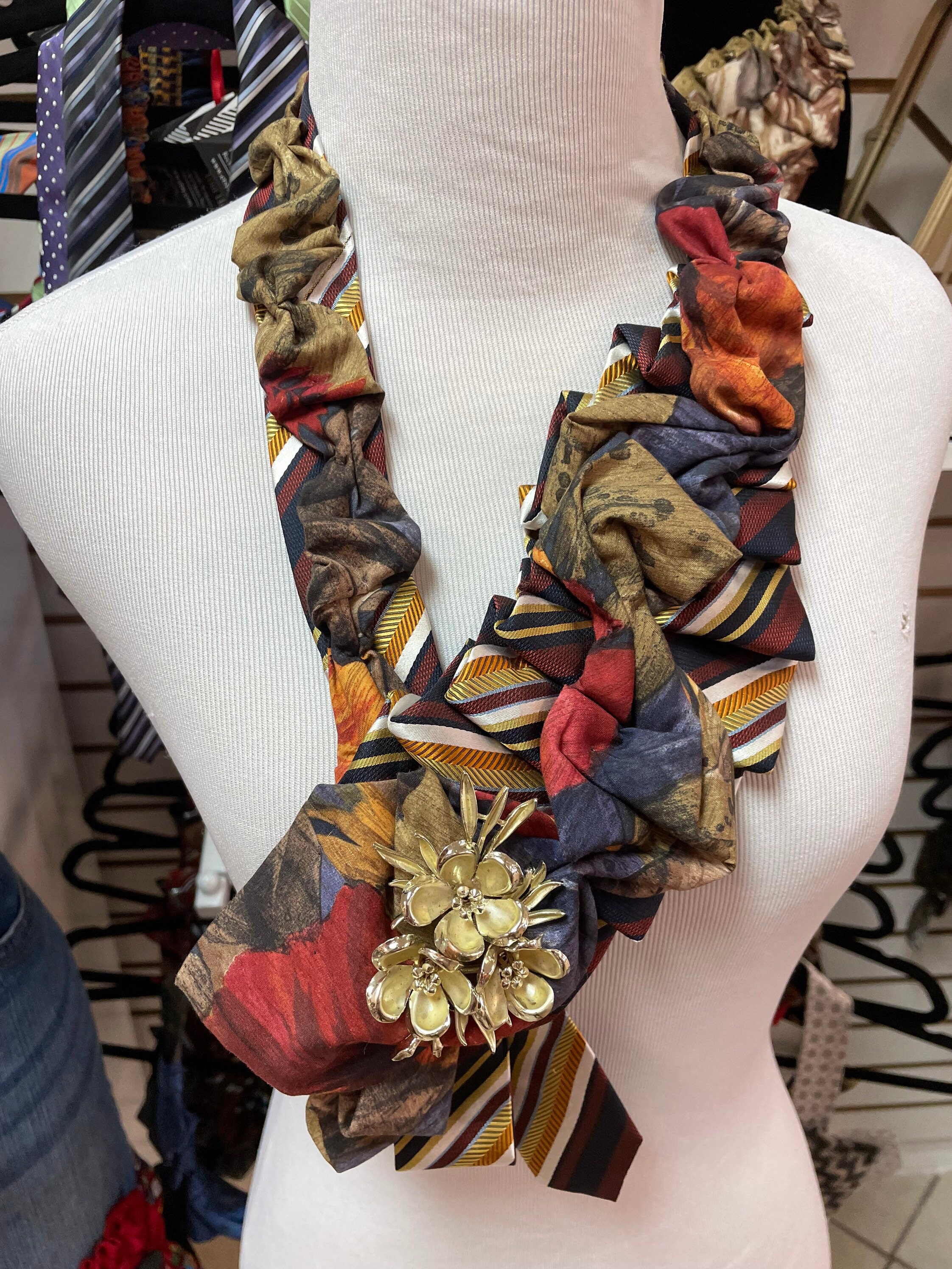 Womens Necktie Necklace Brown Gold Striped Silk Tie / Red Etsy