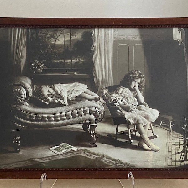 Early 20th Century Framed Photograph Children In Parlor | Black and White Lightly Hand Tinted