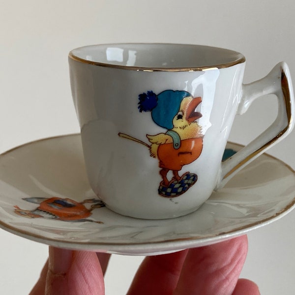 Adorable Vintage Miniature Teacup and Saucer with Chick and Chicken