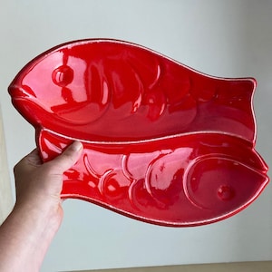 Cherry Red Cast Ceramic Pisces Fish Shaped Serving Platter