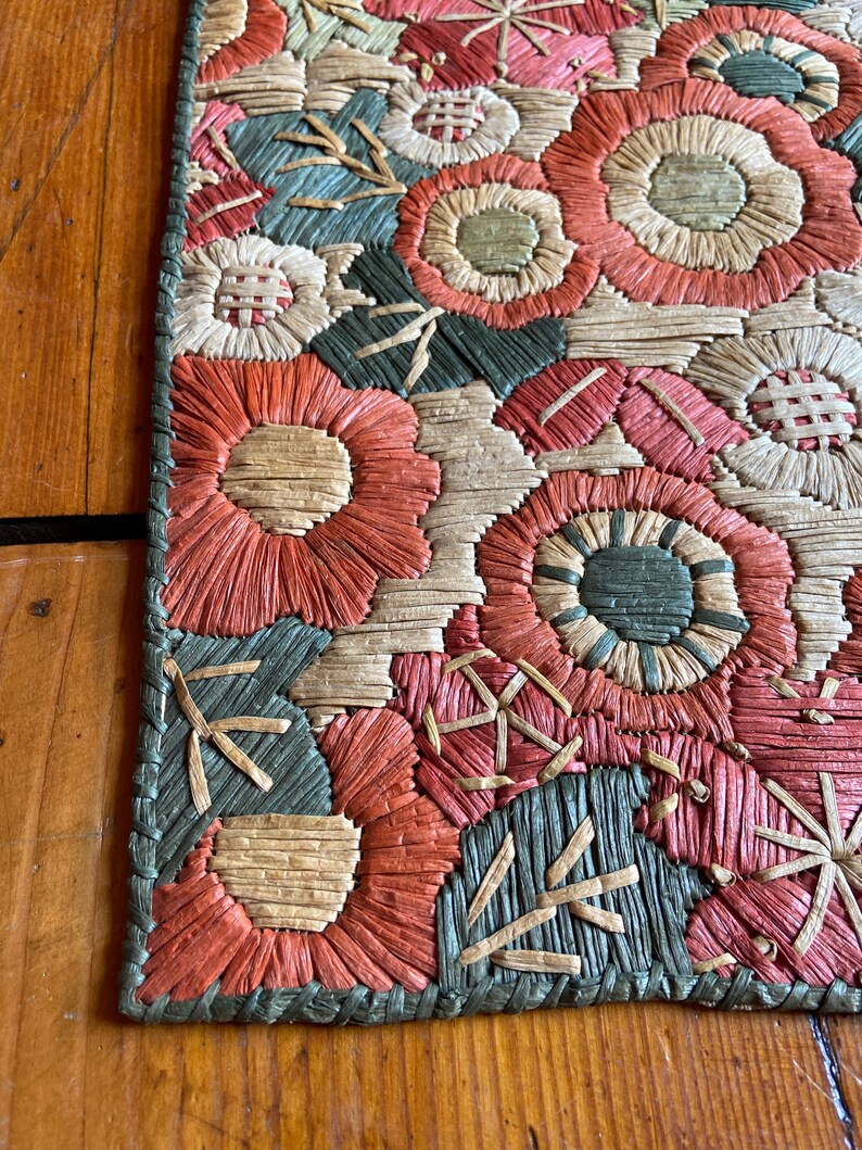 Vintage Japanese Raffia Floral Runner Straw Folk Art Etsy