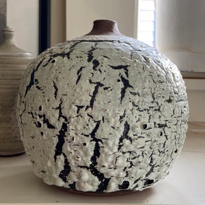 Może przedstawiać: Biały ceramiczny wazon z fakturowaną, spękaną glazurą i czarnymi akcentami. Wazon ma okrągły korpus i wąską szyjkę.