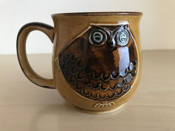 Vintage Owl Mug Japanese Pottery Hand Drawn Raised Slip Decoration