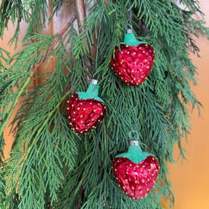 Vintage Set of Three Strawberry Christmas Ornaments | European Czechoslovakian Blown Glass