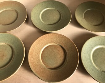 Set of Six Bennington Potters #1627 Appetizer Plates Saucers | Yusuke Aida David Gil Spark! | Ochre Yellow Green