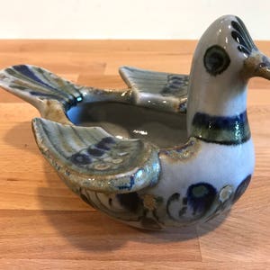 Vintage Ken Edwards Pottery Bird Planter Vessel Bowl | Hand Painted Tonala Mexico Pigeon Dove Duck | Signed | Brown Gray Blue White