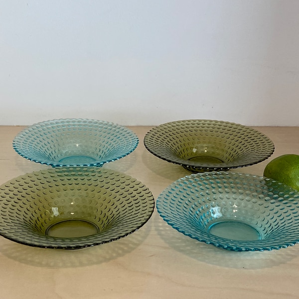 Set of Four Turquoise and Green Depression Glass Dessert Dishes Raised Dots | Pressed Glass Hobnail