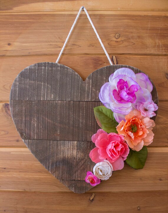Floral Distressed Wood Heart Wall Decor Nursery Love Sign Pink Lavender Peach White Flowers Bohemian Hanging Girly Bedroom Decor