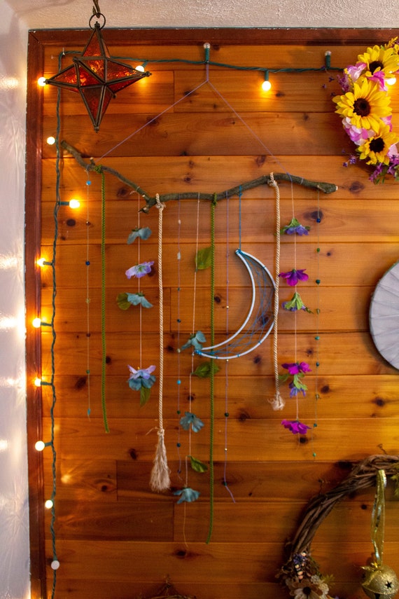 Moon Catcher Wall Hanging Branch And Floral Wall Decor Etsy