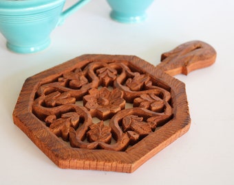 Vintage Wooden Floral Trivet with Handle