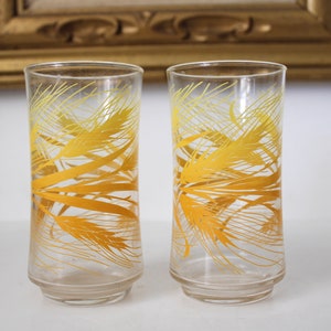 May include: Two clear glass tumblers with a yellow wheat design. The glasses are empty and have a rounded bottom.