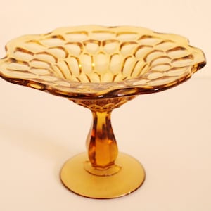 Vintage Yellow Honey Gold Compote Dish | Thumbprint Patterned Yellow Glass Pedestal Dish