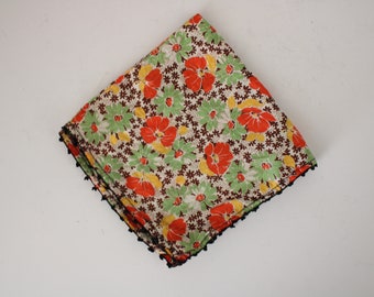 Vintage Retro Floral Print Handmade Handkerchief with Pom Pom Trim
