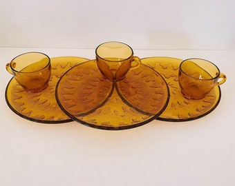 Vintage Indiana Glass Amber Sunburst Snack Trays - Set of Three