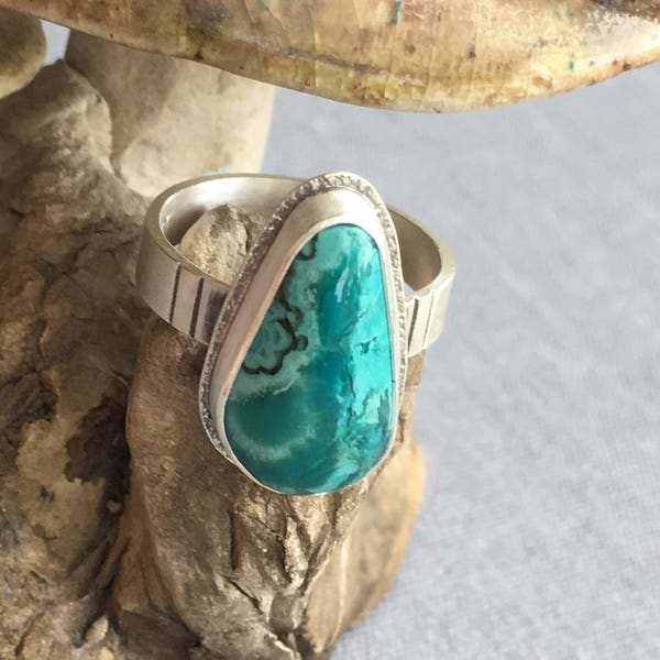 Natural Chrysocolla Ring Gem Silica Aqua Blue Sterling Silver Womens Size 6 1/2 Teardrop Cabochon Hand Made Navajo Style Boho MODERN Jewelry