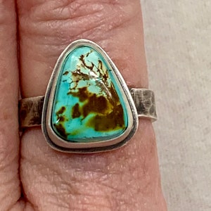 Natural Royston Turquoise Ring Triangle Sterling Silver Royston Cabochon Women's Size 7 3/4 Handmade Modern Navajo / Boho Turquoise Jewelry