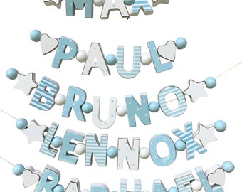Namenskette BABY Blau Holz PERSONALISIERT WUNSCHNAME Geburtstag Geburtsgeschenk Buchstabenkette Deko Taufe Taufgeschenk