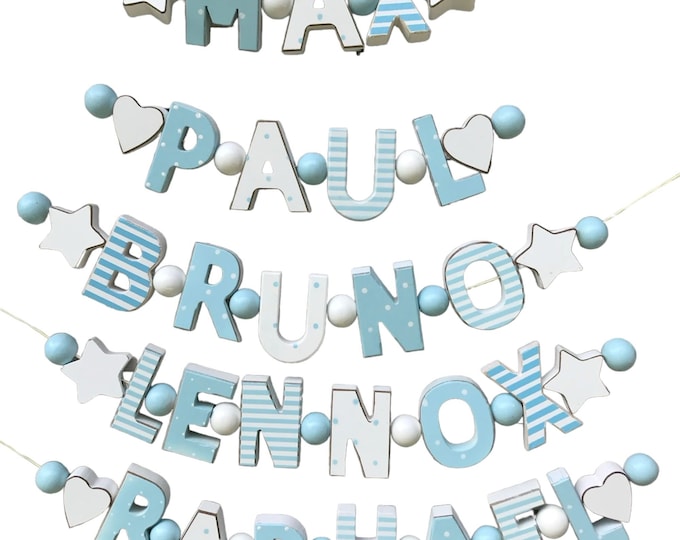 Namenskette BABY Blau Holz PERSONALISIERT WUNSCHNAME Geburtstag Geburtsgeschenk Buchstabenkette Deko Taufe Taufgeschenk