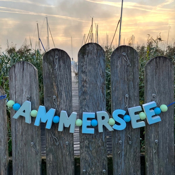 AMMERSEE HOLZGIRLANDE Holz Buchstaben AMMERSEELIEBE Blau Grün Girlande Tür Haus Deko Sonnenaufgang Ammerseelove