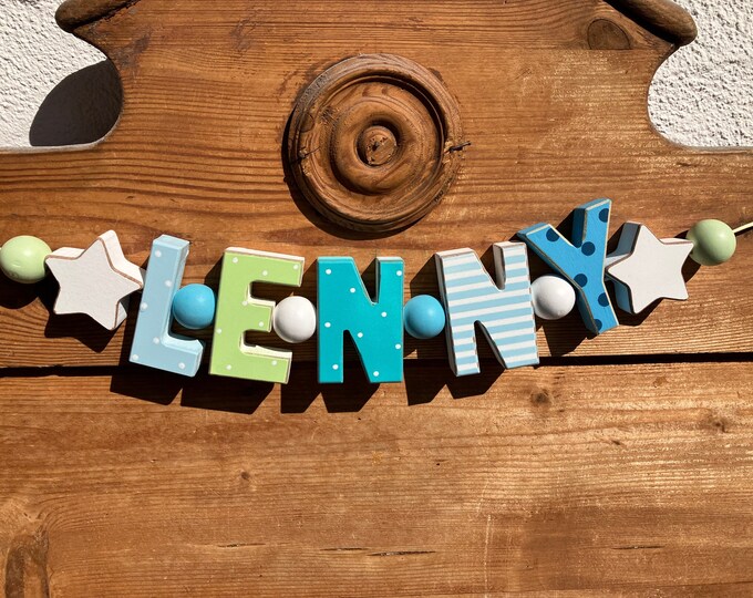 LENNY Namenskette Personalisiert KINDERZIMMER Tür Holzbuchstaben Taufe Deko Junge Baby Blau Grün NAME Buchstabenkette Geburtsgeschenk