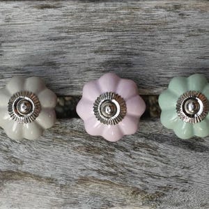 Puede incluir: Cinco pomos decorativos para armarios en colores pastel: azul, gris, rosa, verde y blanco. Cada pomo tiene forma de flor con un centro de metal plateado. El pomo blanco está decorado con corazones rosas.