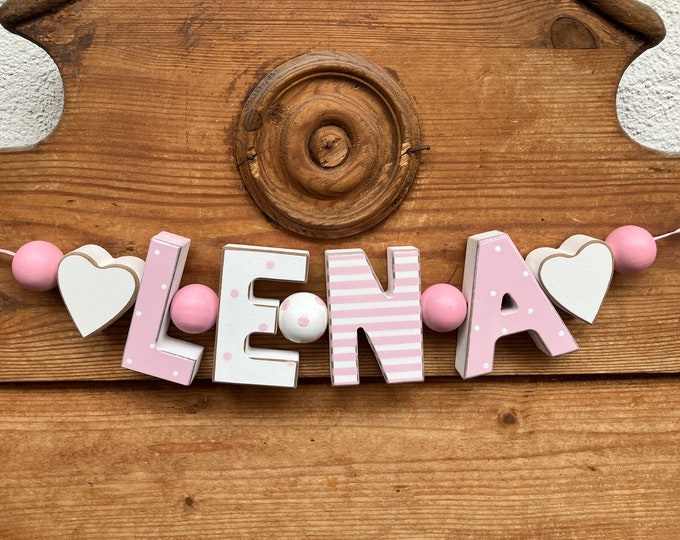 LENA  Rosa Namenskette Personalisiert KINDERZIMMER Tür Holzbuchstaben Taufe Deko Baby NAME Buchstabenkette Geburtsgeschenk