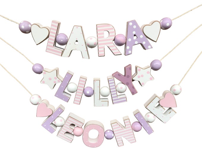 Lila ROSA Namenskette Holz PERSONALISIERT Baby WUNSCHNAME Geburtstag Buchstabenkette Deko Taufe Taufgeschenk