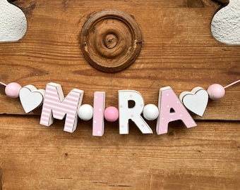 MIRA Rosa Namenskette Personalisiert KINDERZIMMER Tür Holzbuchstaben Taufe Deko Baby NAME Buchstabenkette Geburtsgeschenk