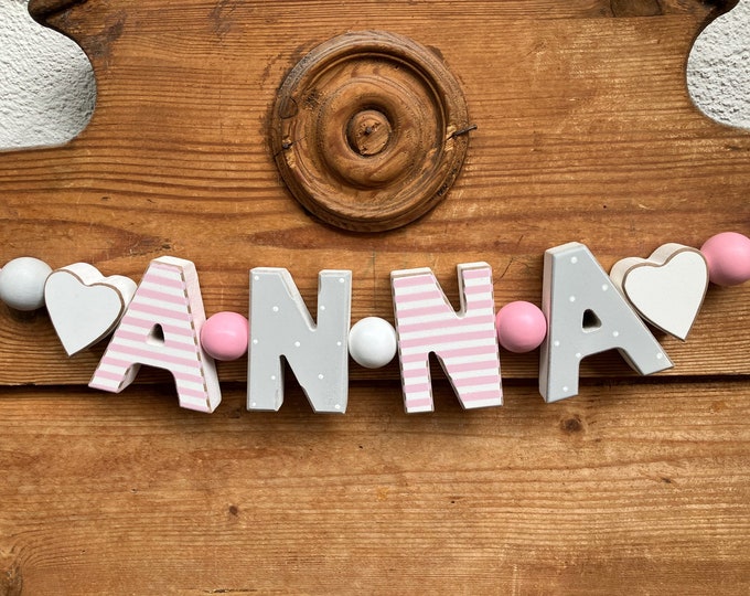 ANNA Namenskette Rosa Grau Personalisiert KINDERZIMMER Tür Holzbuchstaben Taufe Deko Baby NAME Buchstabenkette Geburtsgeschenk