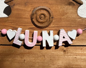 LUNA Rosa Namenskette Personalisiert KINDERZIMMER Tür Holzbuchstaben Taufe Deko Baby NAME Buchstabenkette Geburtsgeschenk